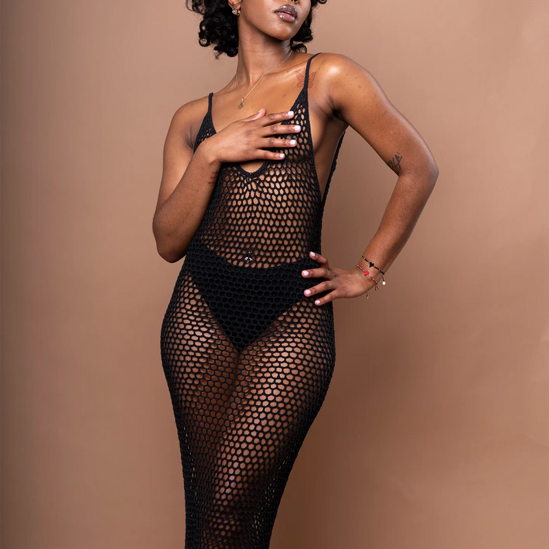Kaya Crochet Midi Dress in Black Beauty
